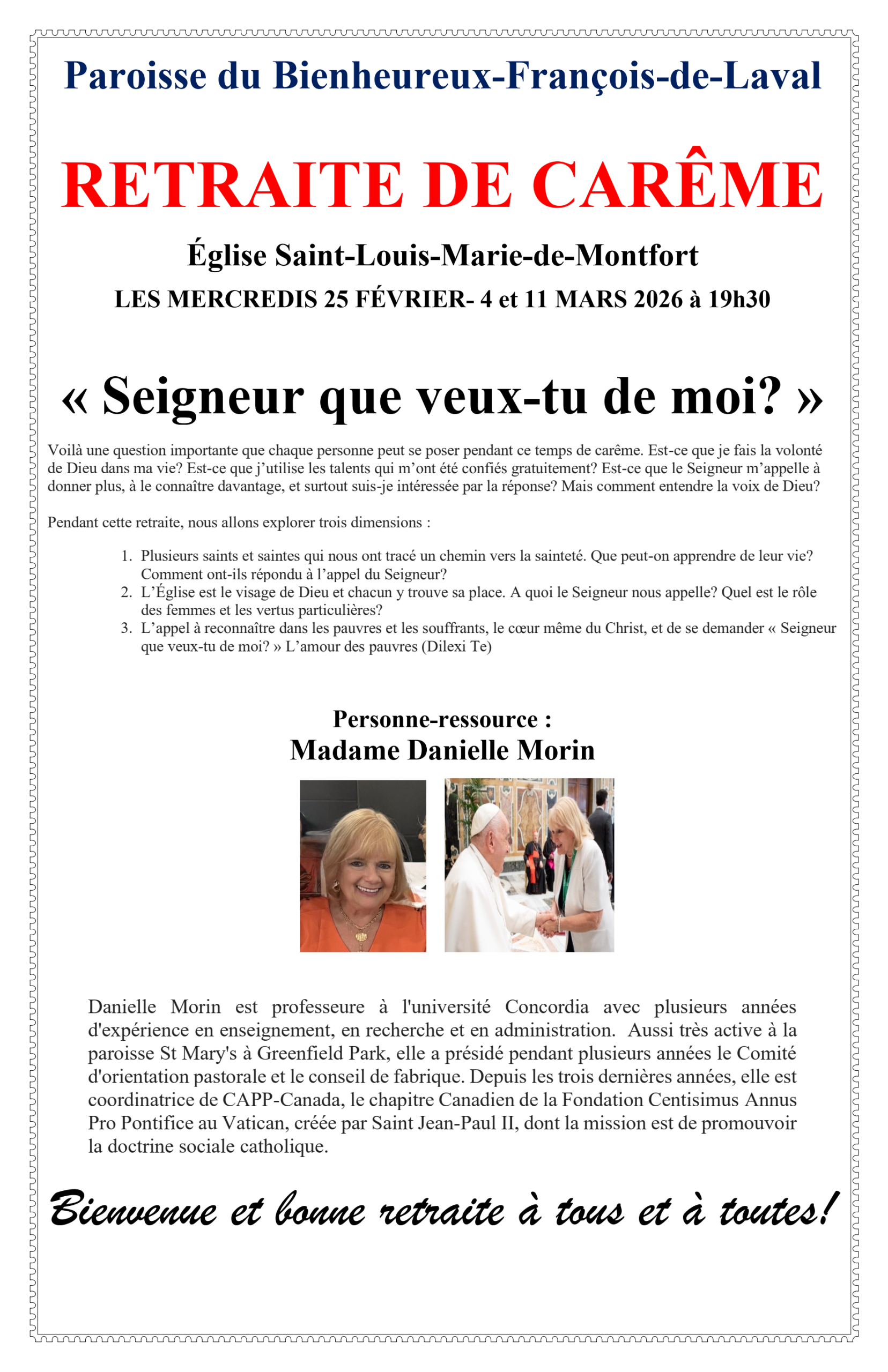 Retraite de Carême par Danielle Morin 2026 à Saint-Louis-de-Montfort affiche